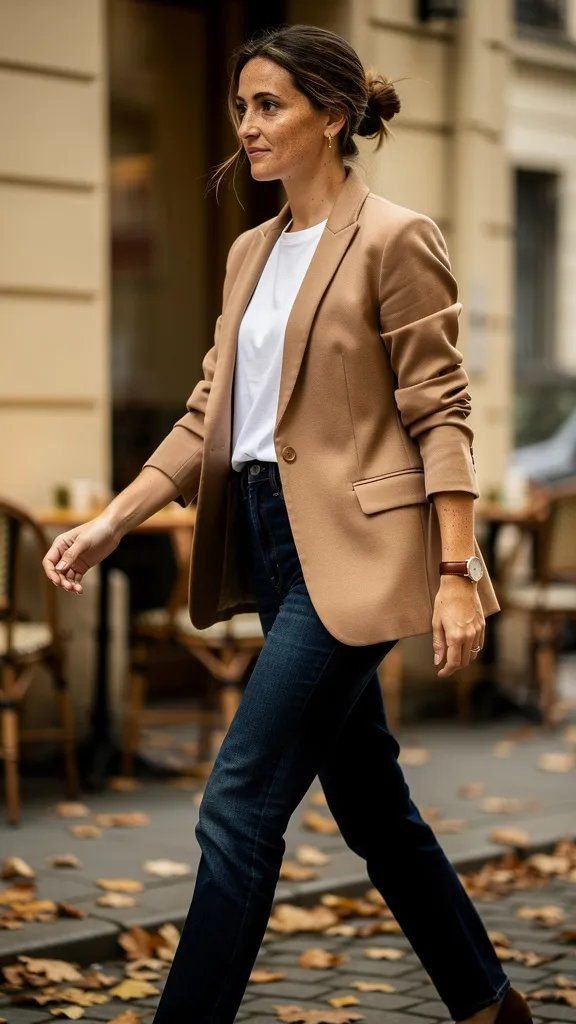 2. A Camel Blazer Over a Simple White Tee and Dark Denim