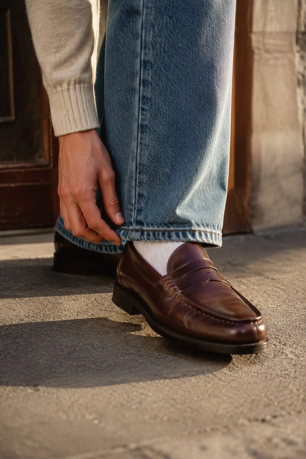 what to wear with brown loafers: oatmeal cable knit sweater with wide-leg jeans outfit