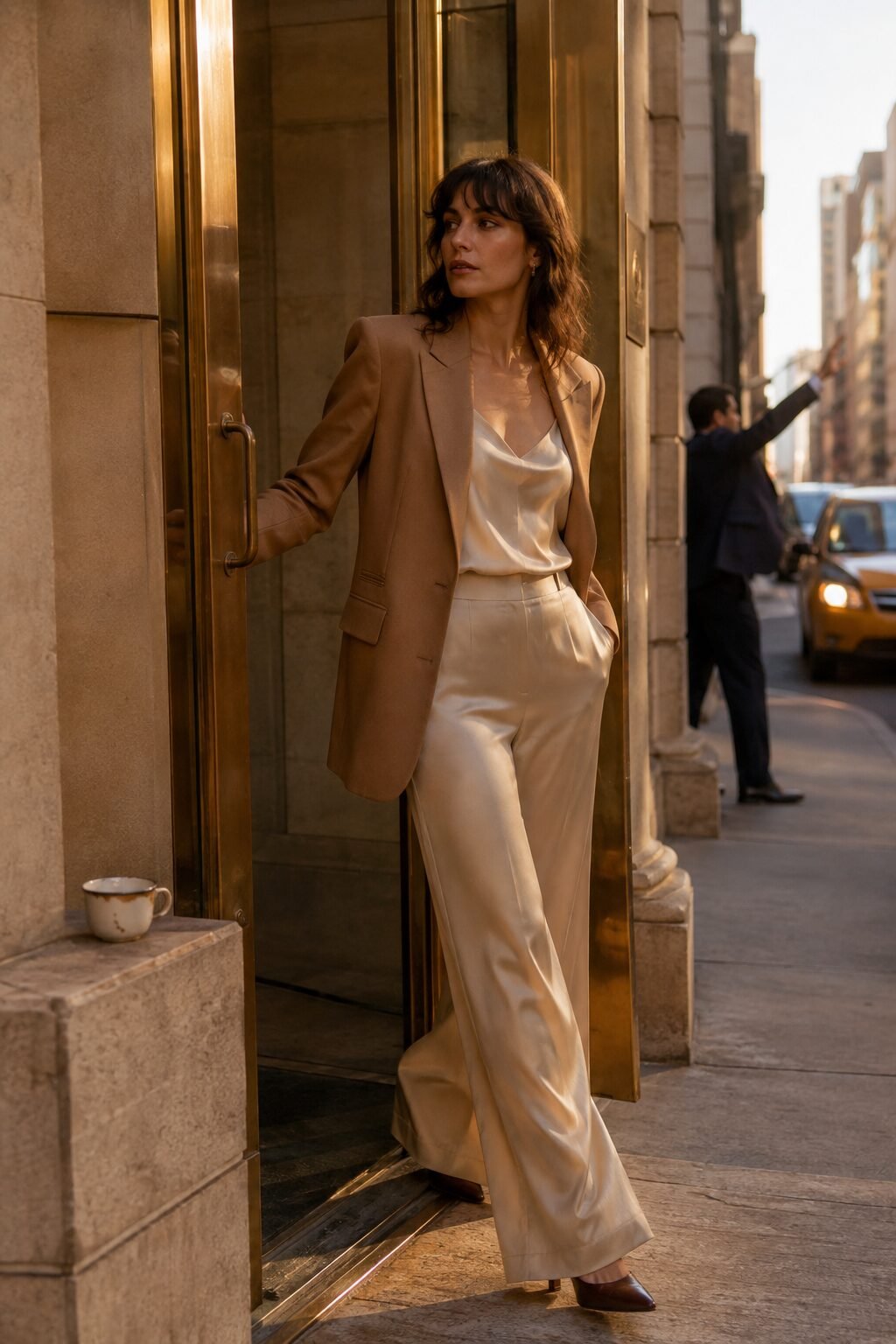timeless style vs trendy fashion: camel wool blazer, silk cami, and wide-leg trousers in a camel and cream monochrome