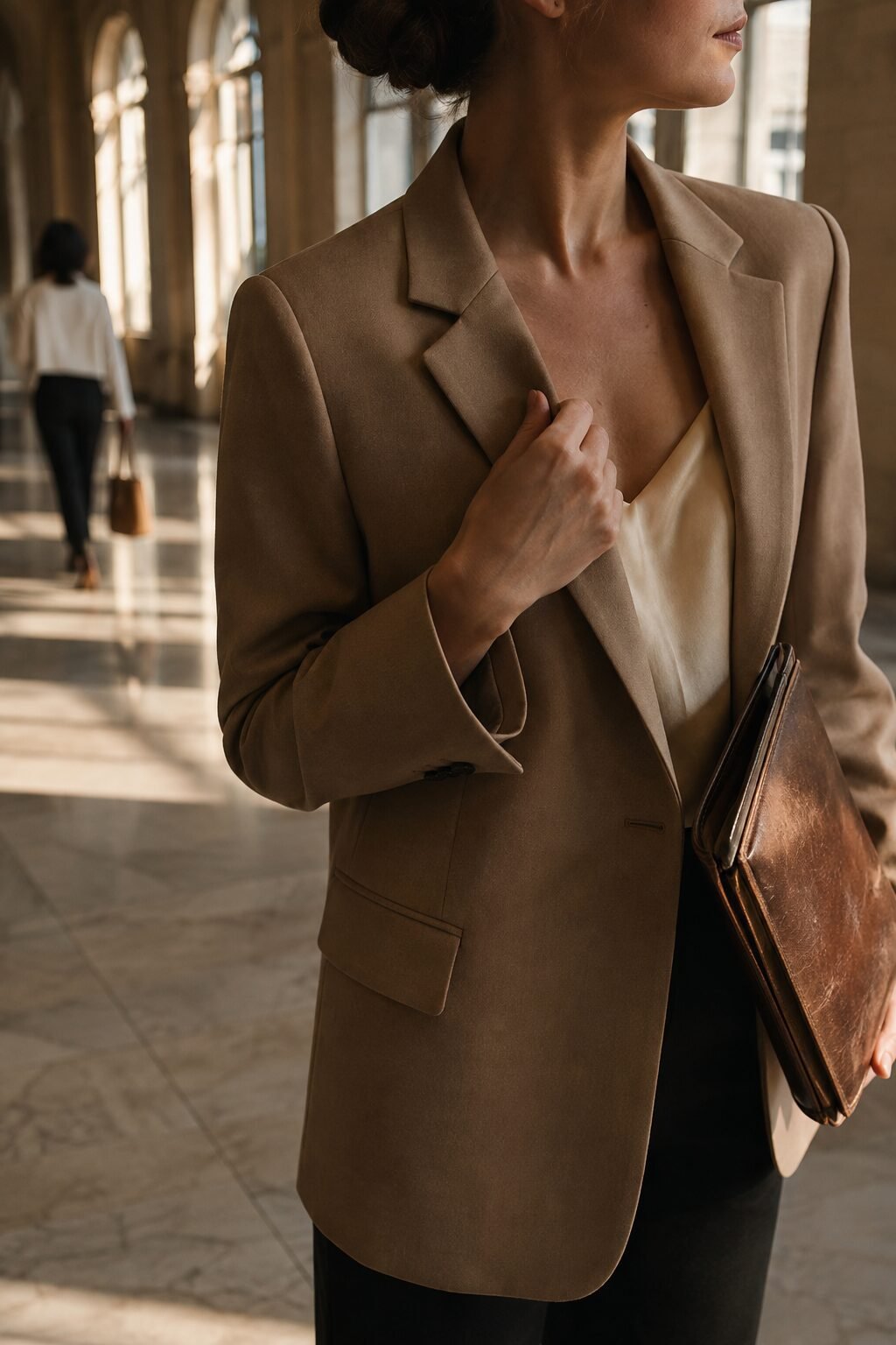 timeless style vs trendy fashion: camel wool blazer, silk cami, and wide-leg trousers in a camel and cream monochrome