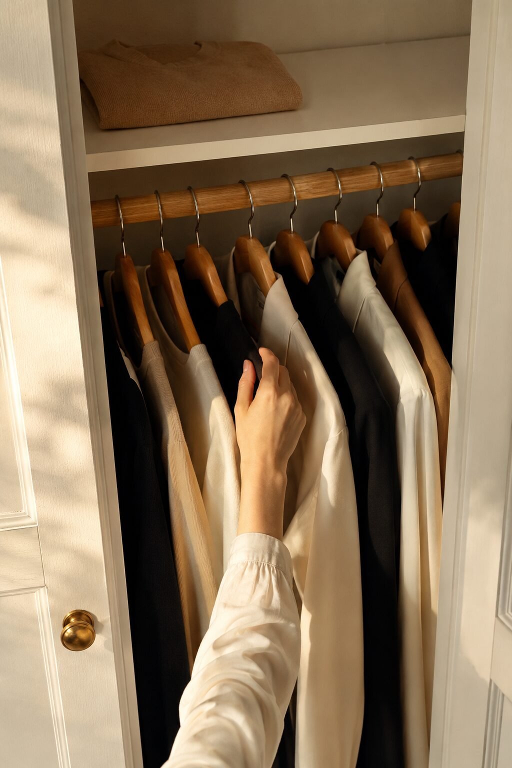 an edited, minimalist closet with a few well-chosen tailored pieces on wooden hangers