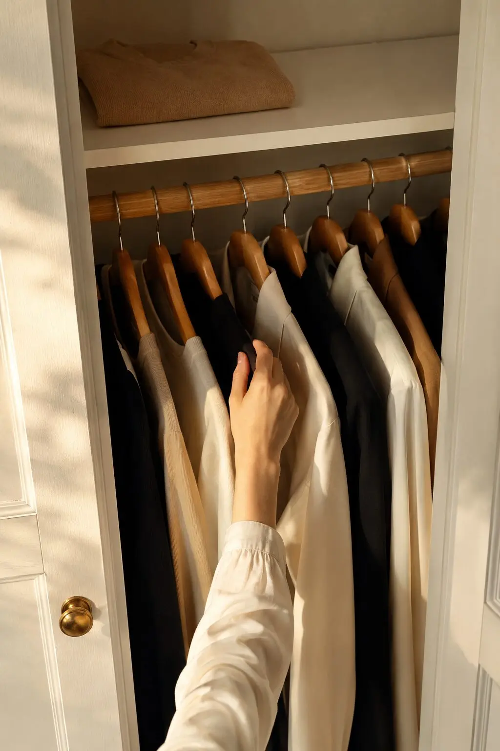 an edited, minimalist closet with a few well-chosen tailored pieces on wooden hangers