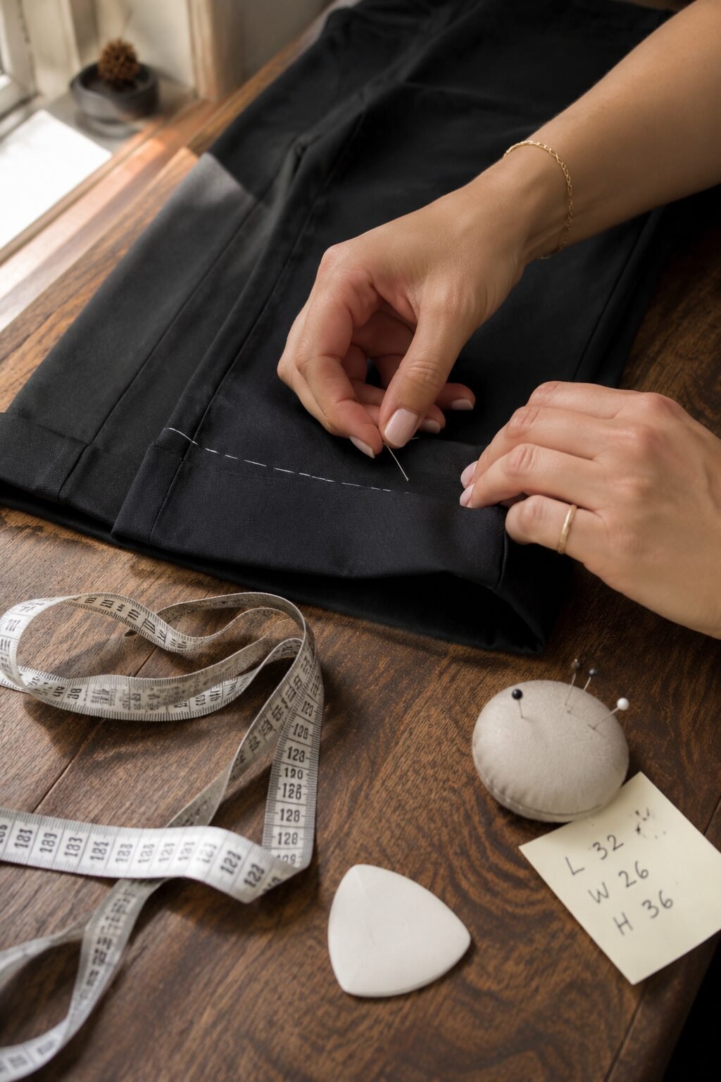 pinning a marked hemline on a trouser leg at a home sewing table