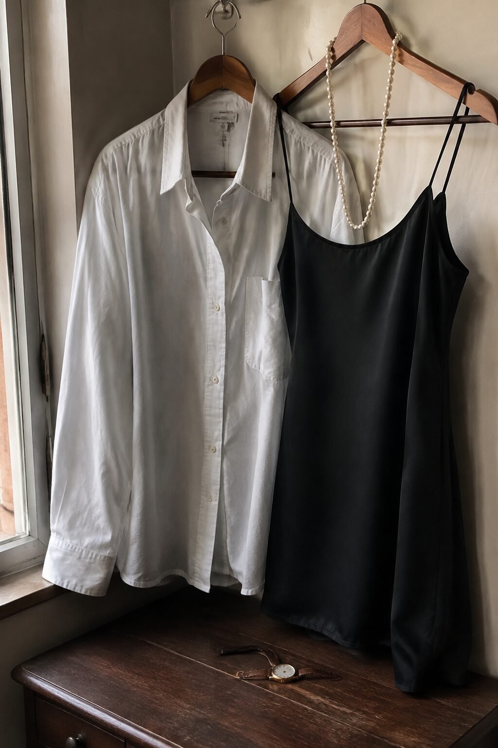 a plain white oxford shirt and black slip dress hung together with a strand of pearls, a mid-90s minimalist styling reference