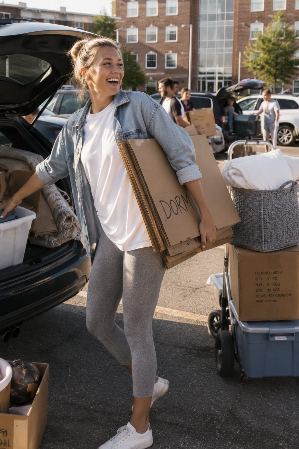 college move-in day outfit: oversized white tee, cropped leggings, and an open light-wash denim jacket