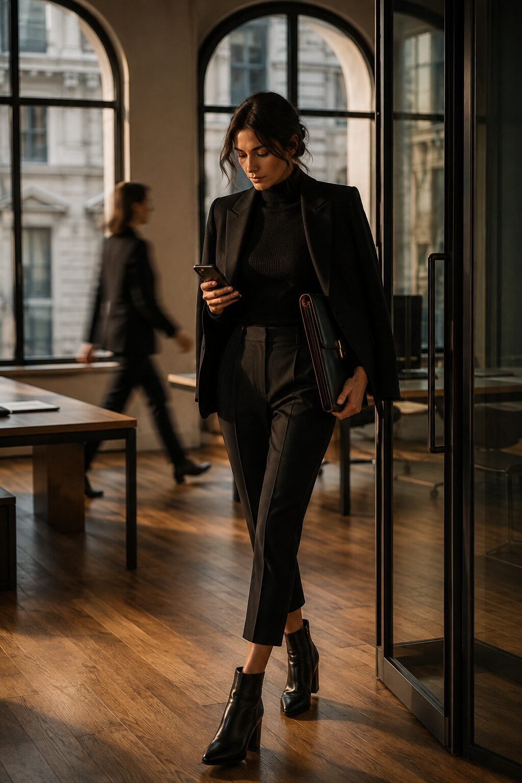 Halloween week capsule wardrobe Monday office outfit: black blazer, cashmere turtleneck, tailored trousers, and ankle boots