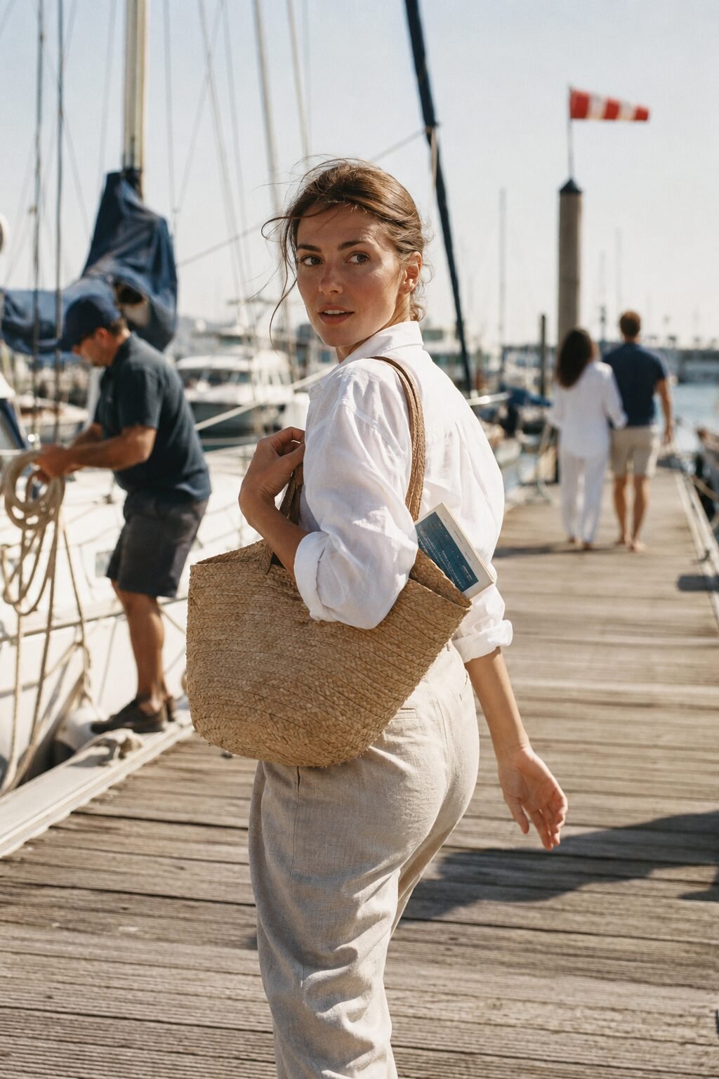 old money boat outfit with white linen shirt tucked into wide-leg linen trousers for a marina walk