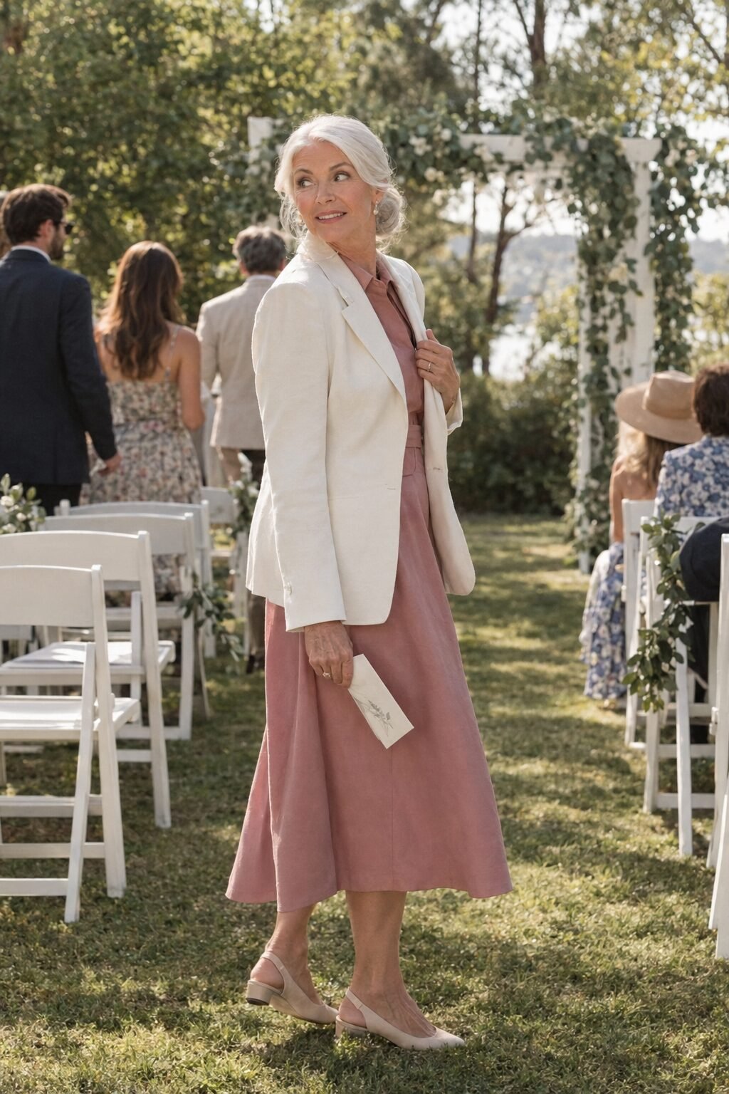 dusty rose silk shirtdress with ivory structured blazer, elegant grandmother of the bride outfit for an outdoor garden ceremony