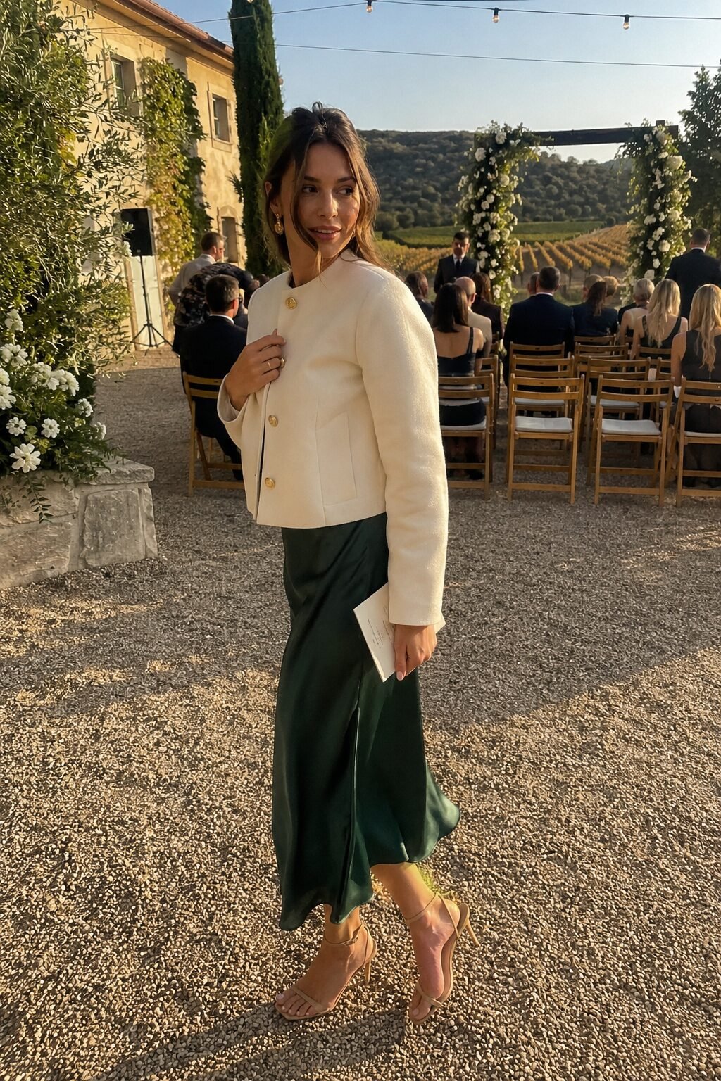 old money wedding guest dress: forest-green silk slip dress with an ivory cropped wool jacket for a fall garden wedding
