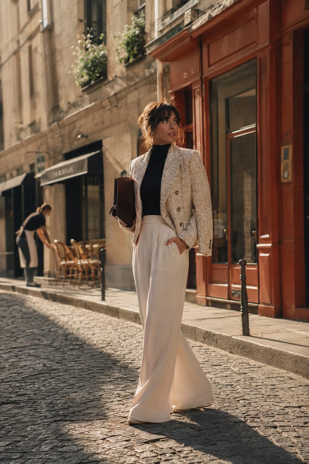 how to wear tweed this fall: cream tweed blazer, ivory wide-leg trousers, and black turtleneck