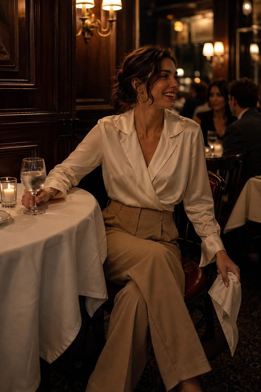 elegant date night outfit: ivory silk wrap blouse tucked into beige wide-leg trousers