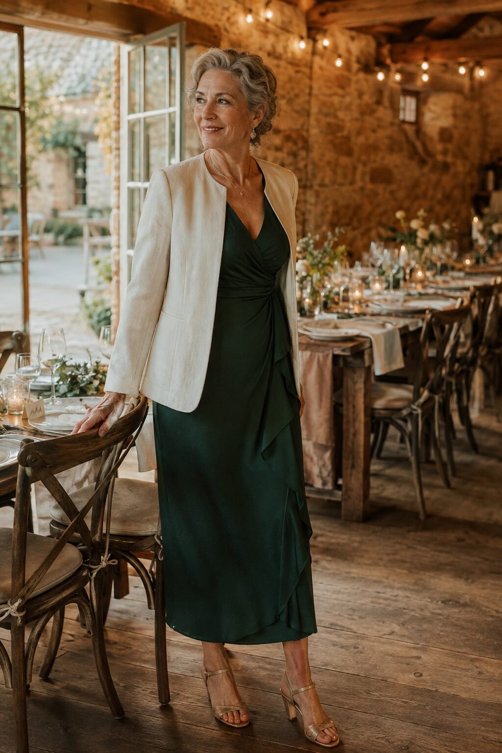mother of the groom rehearsal dinner outfit: evergreen wrap dress, ivory linen blazer, and amber gold sandals