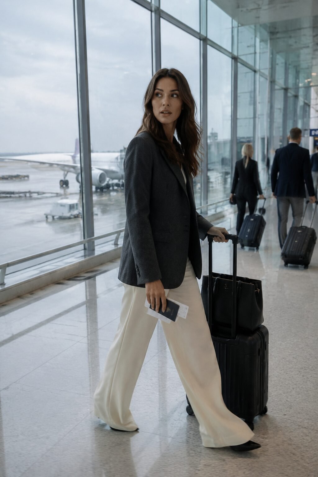 wrinkle-free business trip outfit: charcoal ponte knit blazer and cream wide-leg trousers