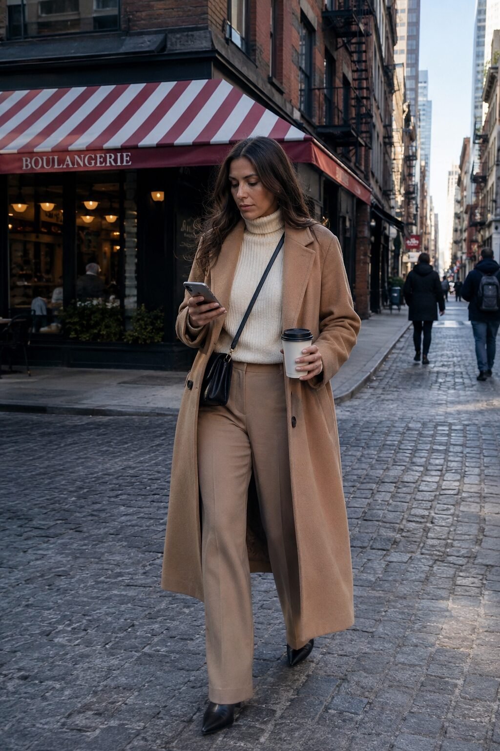 quiet luxury fall outfit in camel and cream: longline camel wool coat open over a cream turtleneck and straight-leg trousers