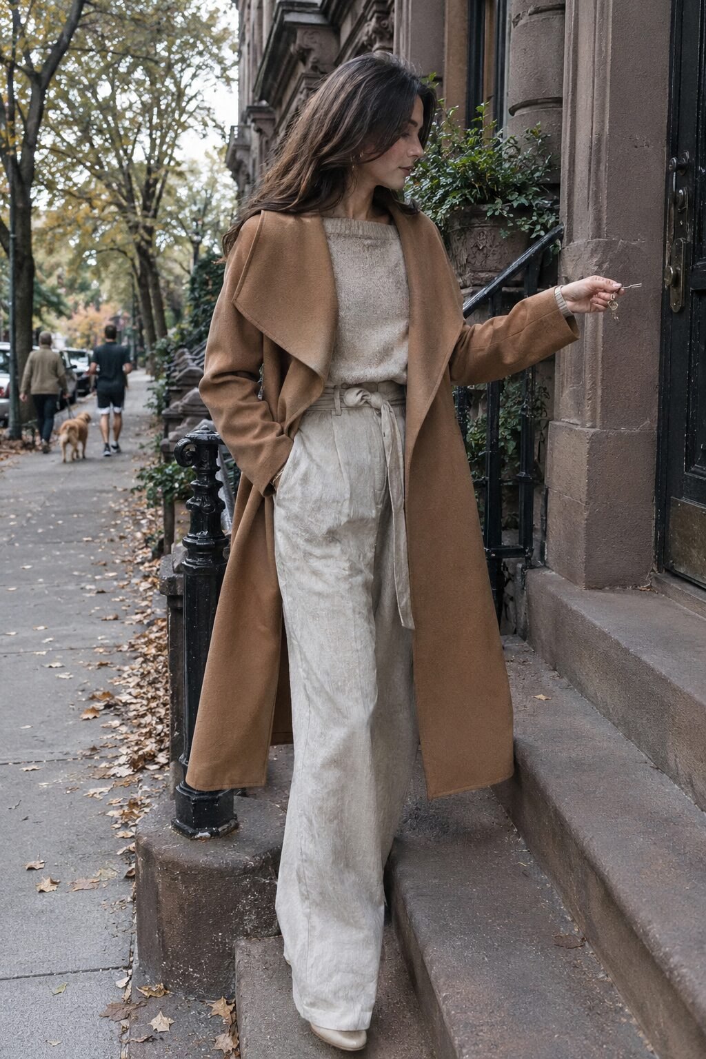 camel wool wrap coat, oatmeal cashmere sweater, and flax linen wide-leg trousers styled as a minimalist six-piece wardrobe uniform