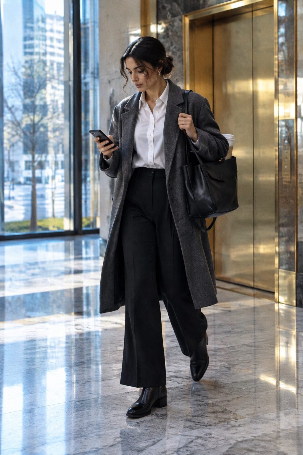 how to build a capsule wardrobe: white button-down shirt, black tailored trouser, and charcoal wool coat