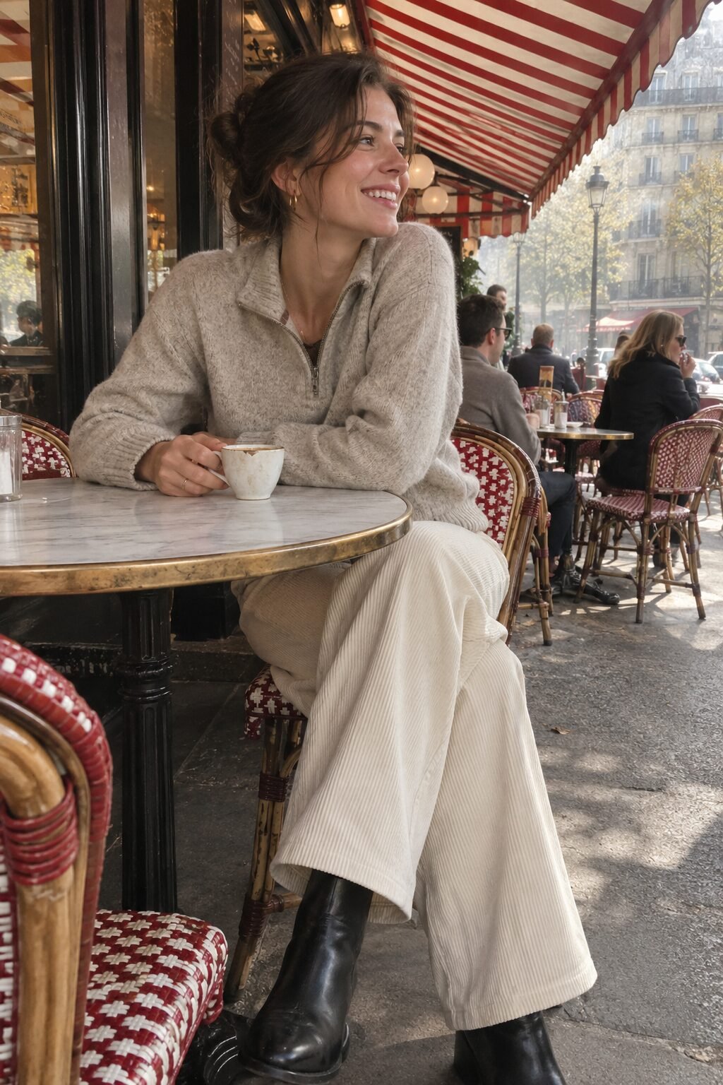 cozy fall outfit: oat merino half-zip sweater tucked into cream wide-leg corduroy trousers with black ankle boots