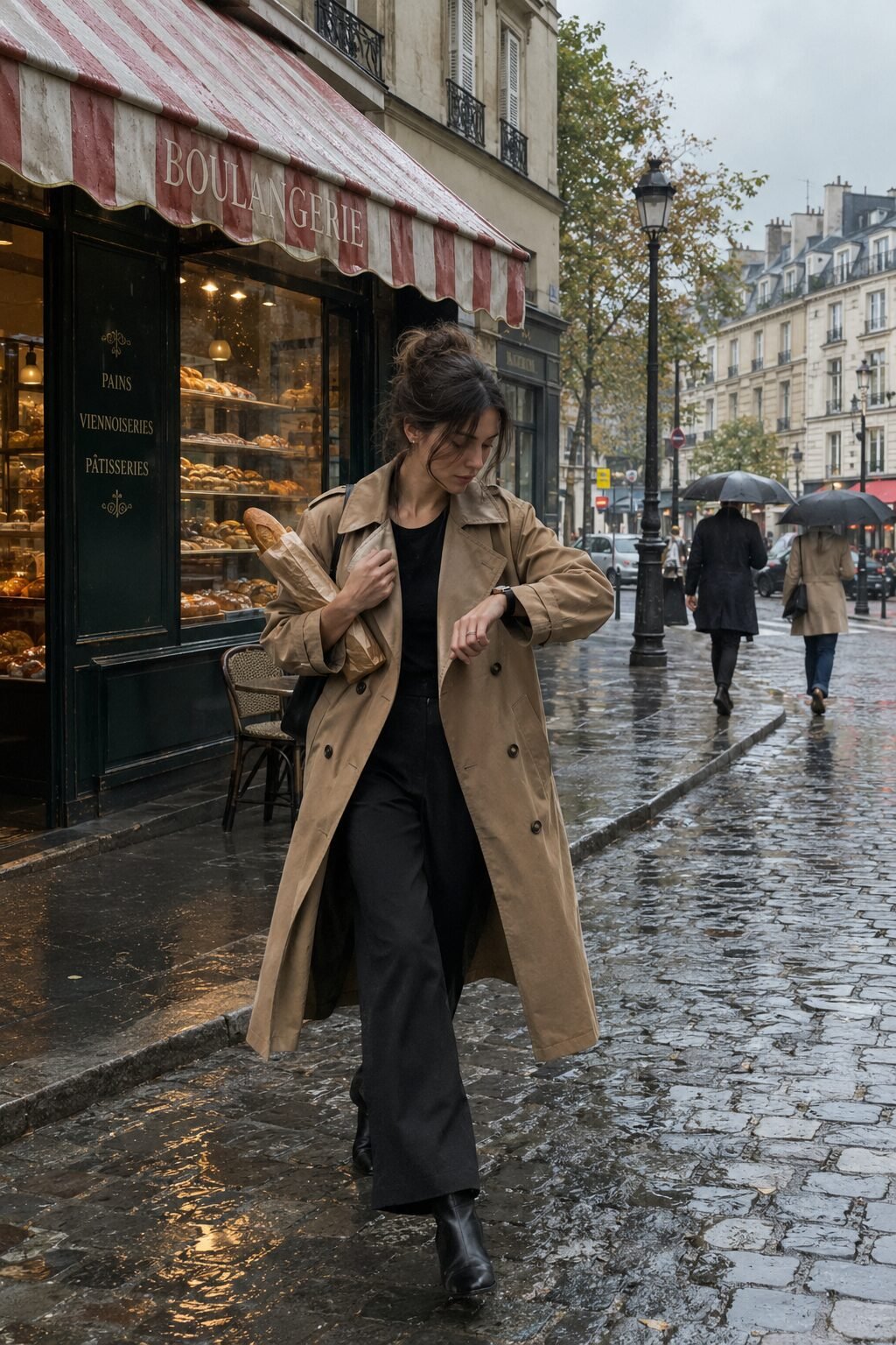 european fall outfit: beech trench coat over black wide-leg trousers and black ankle boots