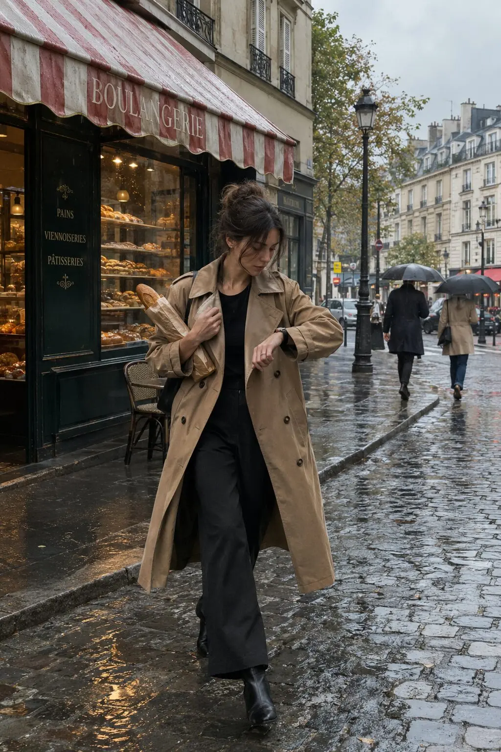 european fall outfit: beech trench coat over black wide-leg trousers and black ankle boots