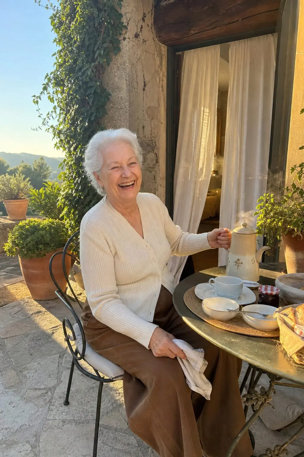 elegant fall outfit for women in their 70s: cream cardigan and brown wide-leg trousers for brunch