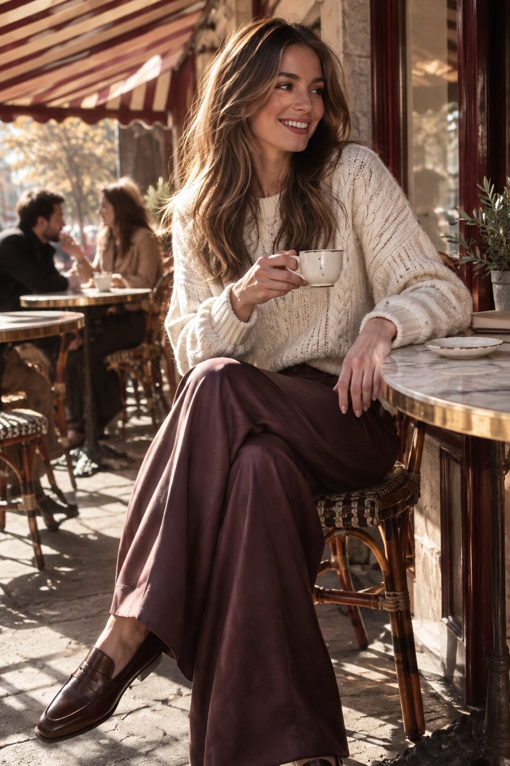 fall brunch outfit: ivory fisherman-knit sweater with chocolate-plum wide-leg trousers and cocoa loafers