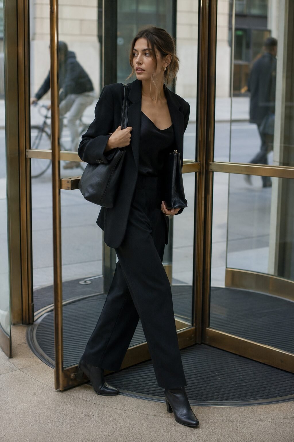 all black capsule wardrobe office outfit: black wool blazer, silk top, wide-leg trousers, and leather tote