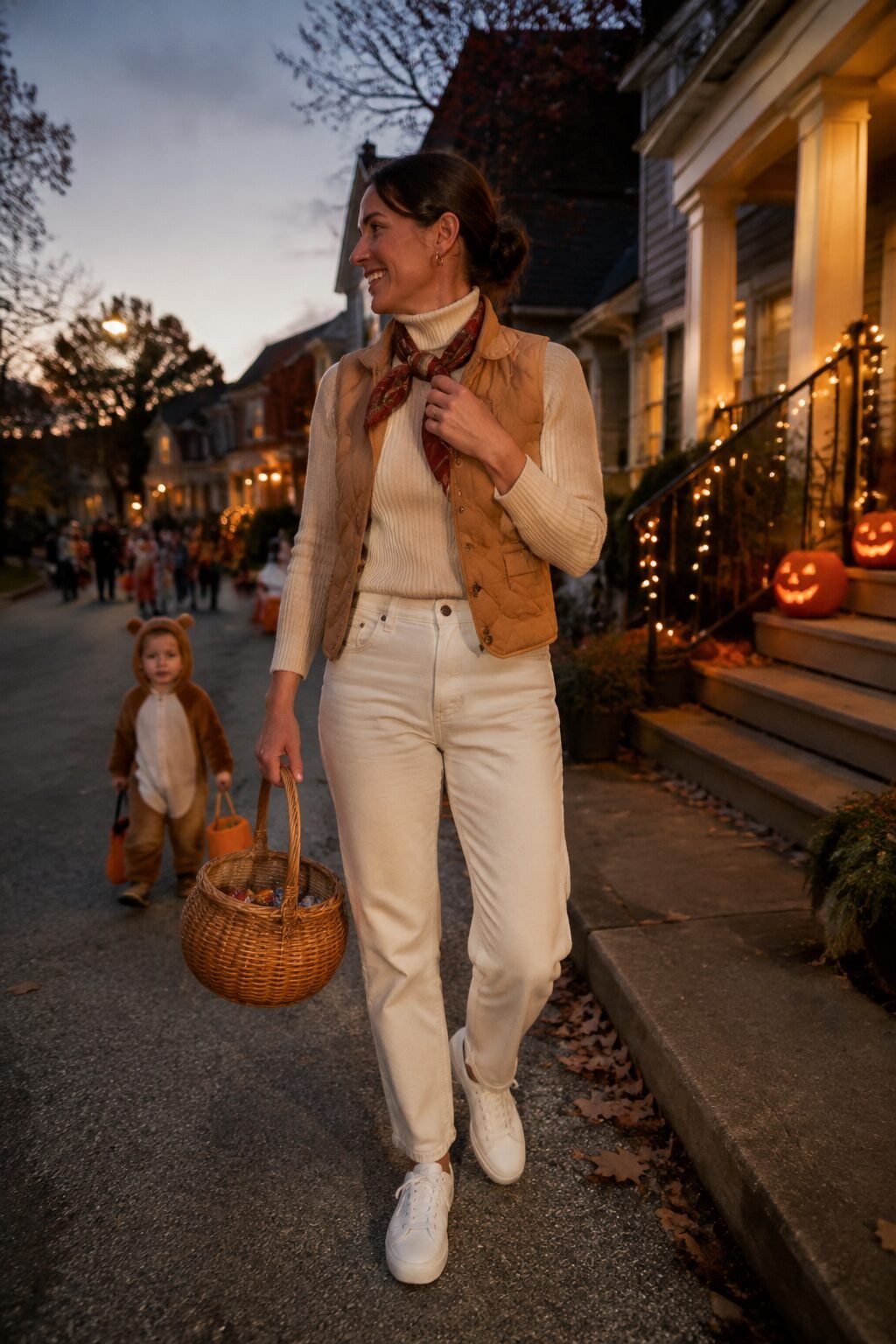 camel quilted vest layered over a cream turtleneck and straight-leg denim, halloween outfit for moms trick-or-treating