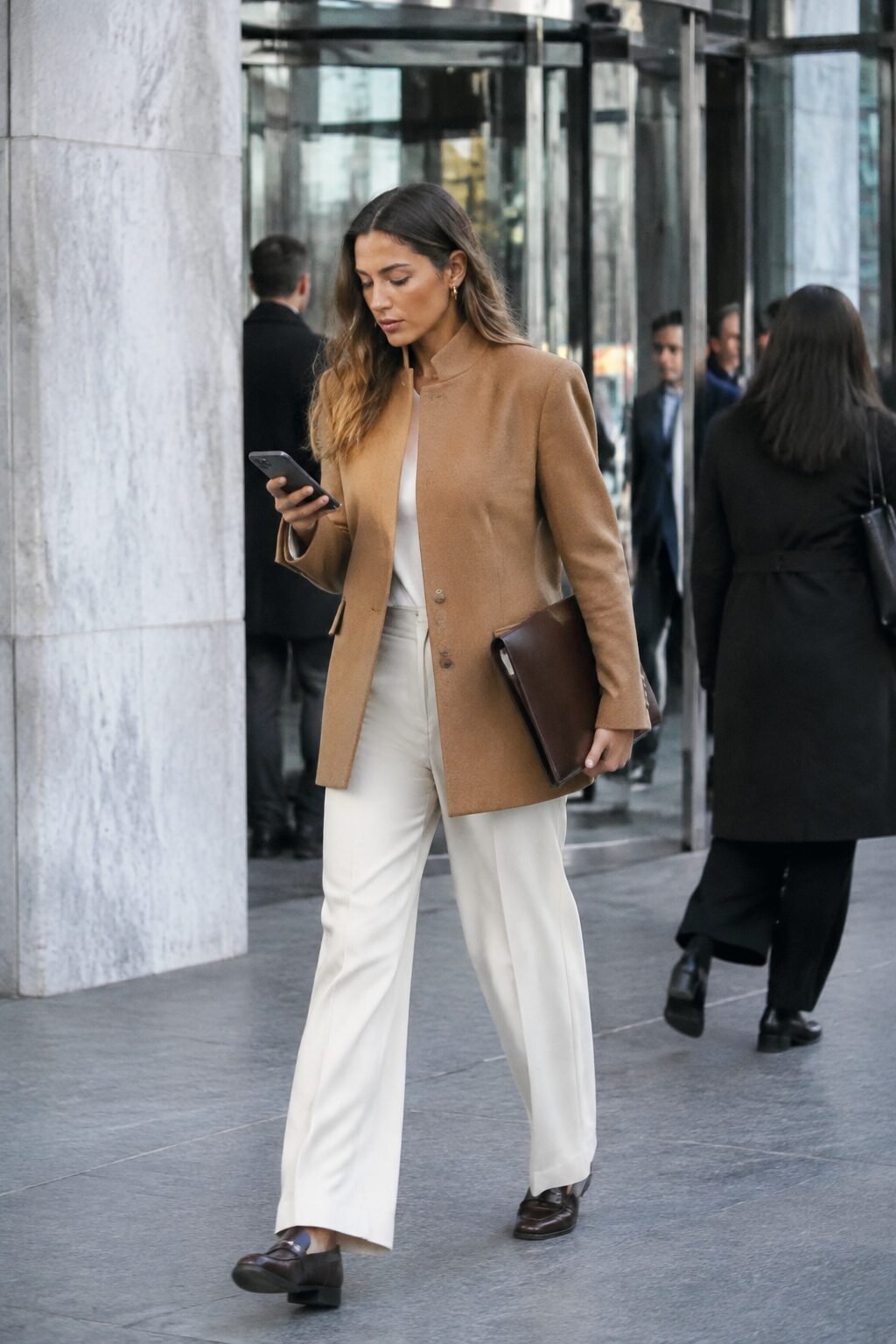 classy fall outfit: camel wool blazer with cream wide-leg trousers and loafers