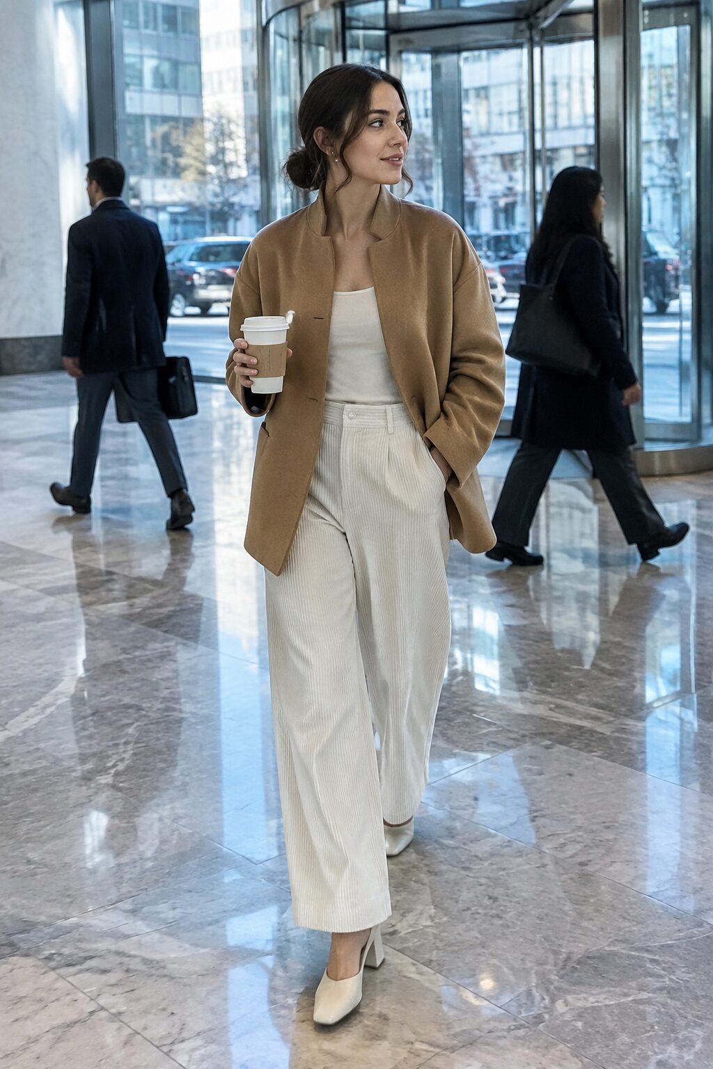 old money blazer outfit: oversized camel wool blazer with cream wide-leg corduroy trousers and cream mules