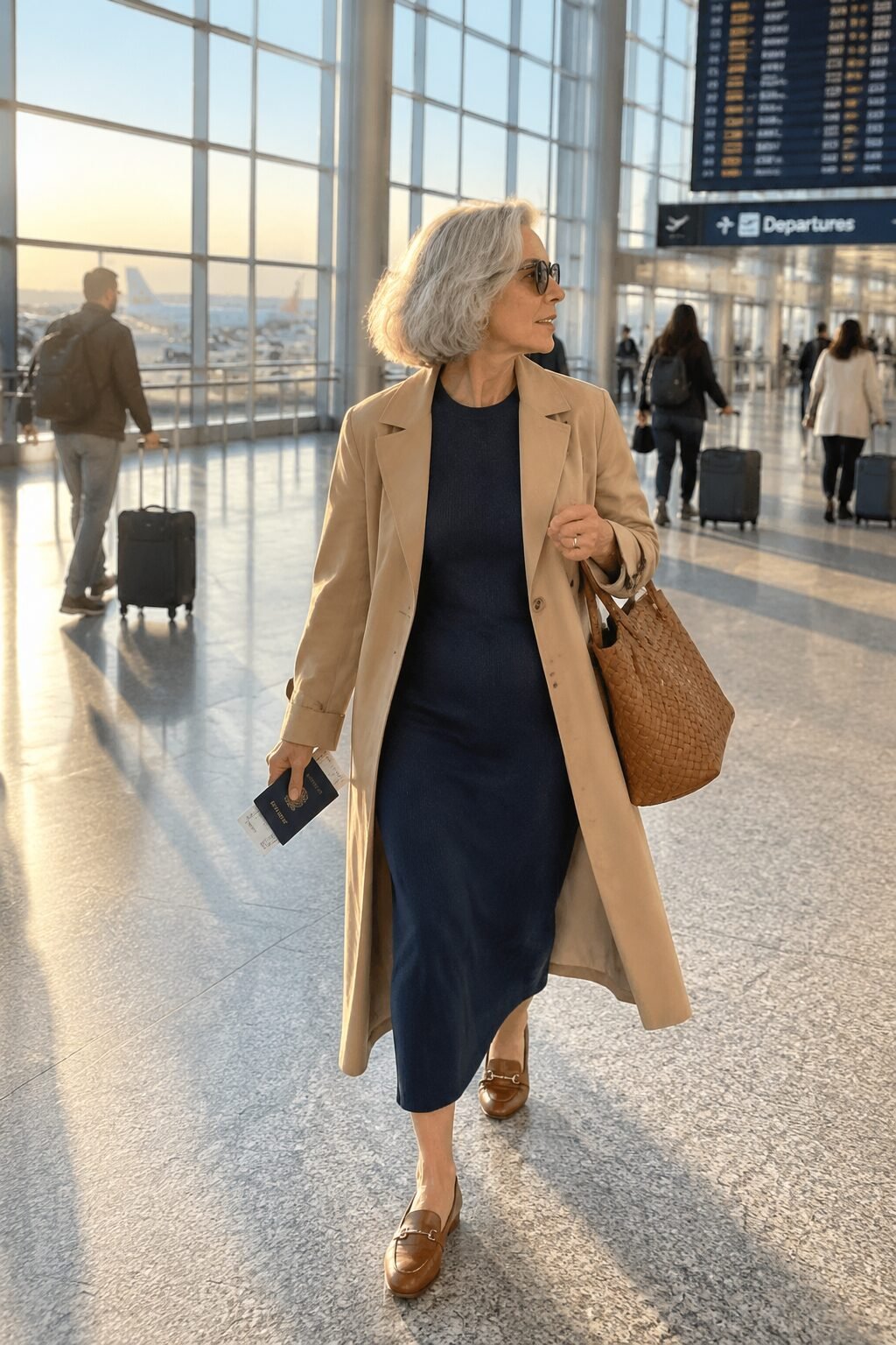 travel capsule wardrobe for women in their 70s: navy ponte dress with camel trench coat and cognac loafers for airport travel