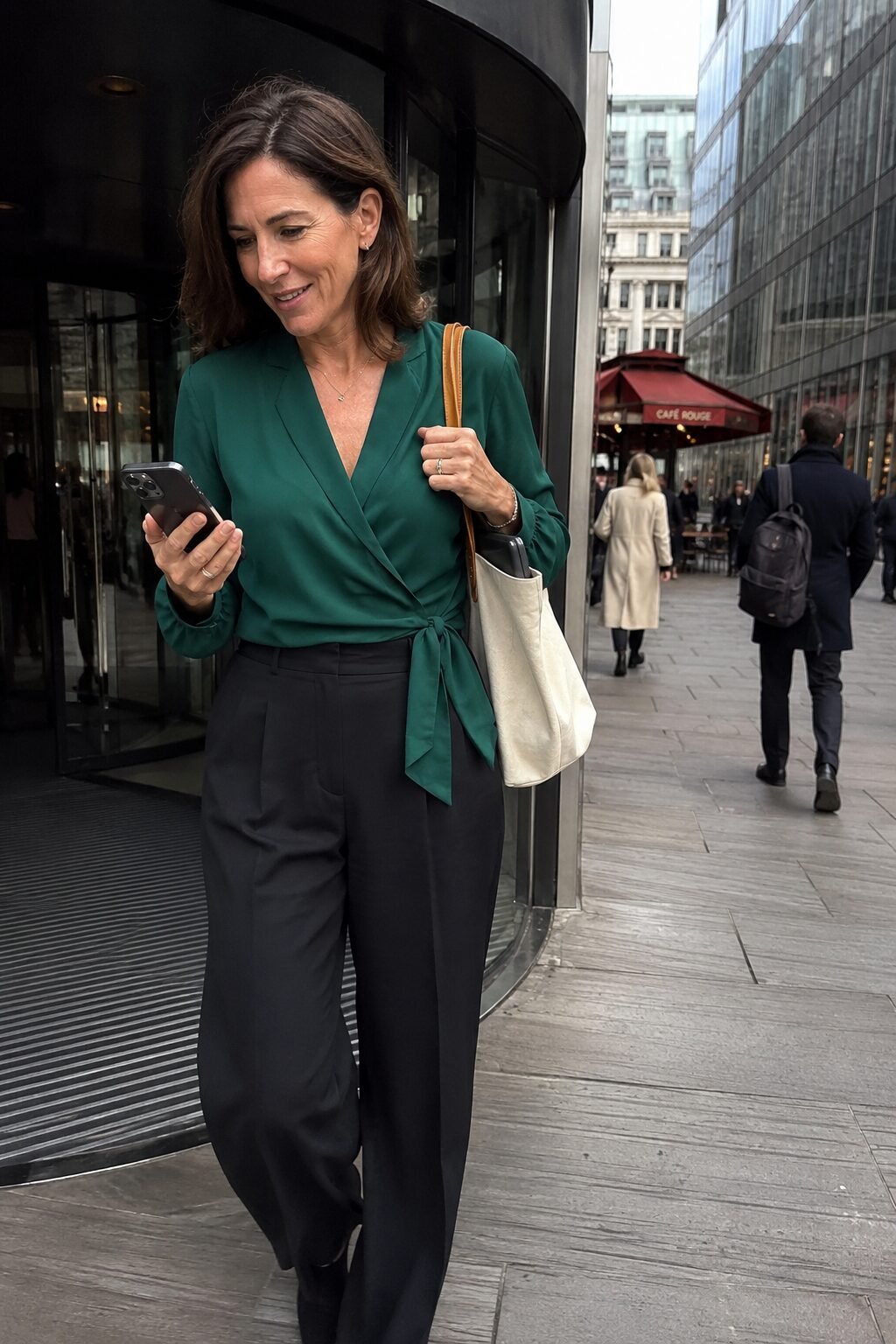 elegant Halloween outfit for women over 40: emerald wrap blouse with black wide-leg trousers for the office