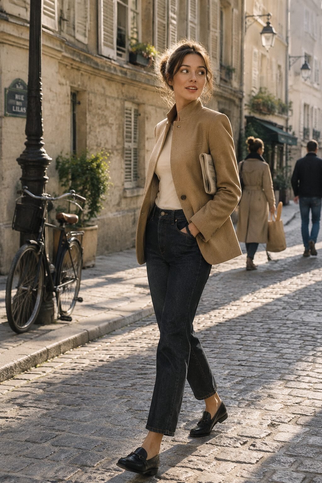 camel wool structured blazer worn as an old money style wardrobe essential