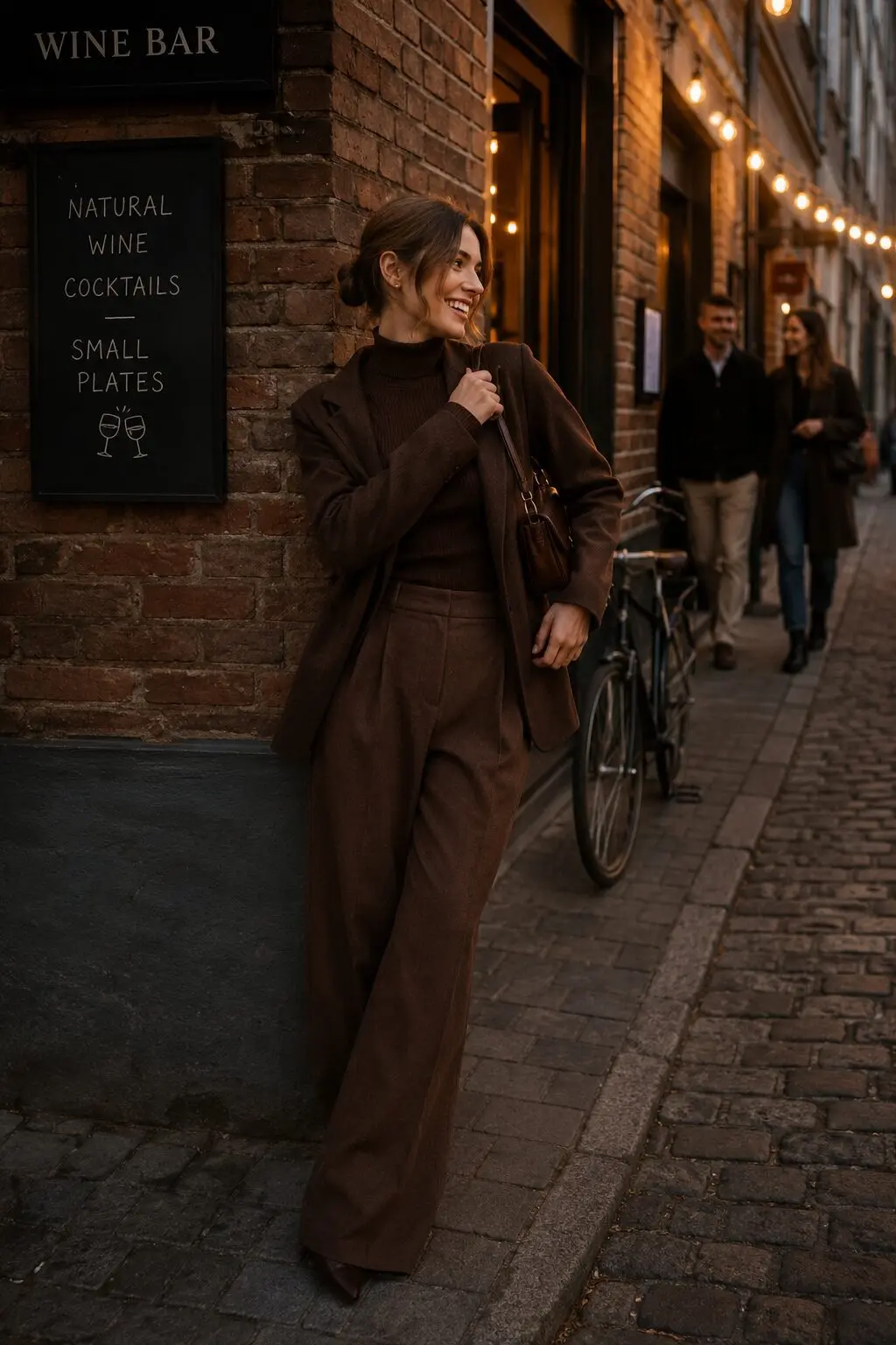 affordable Halloween outfit that looks expensive: chocolate brown ribbed turtleneck, wide-leg trousers, and matching blazer