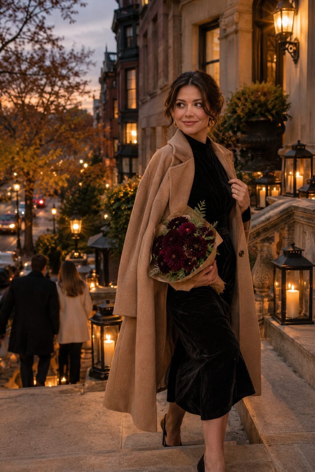 elegant halloween party outfit: black velvet wrap dress with camel wool trench coat draped over the shoulders