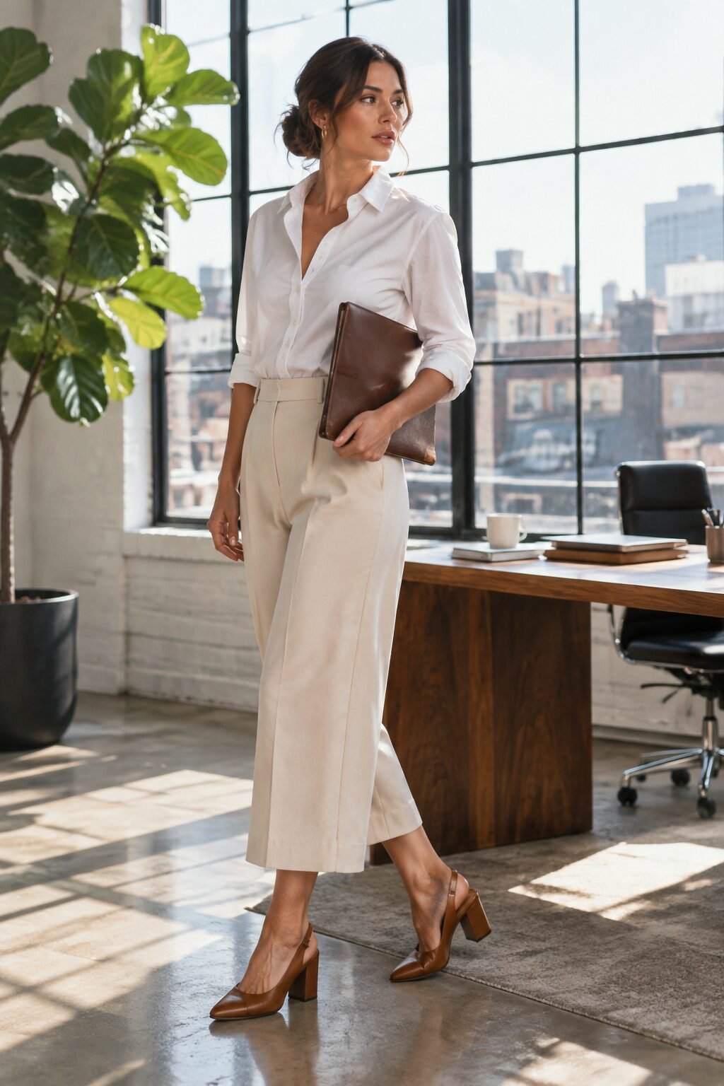 comfortable elegant heels outfit: cognac block heel slingback pumps with cream wide-leg trousers and a white blouse
