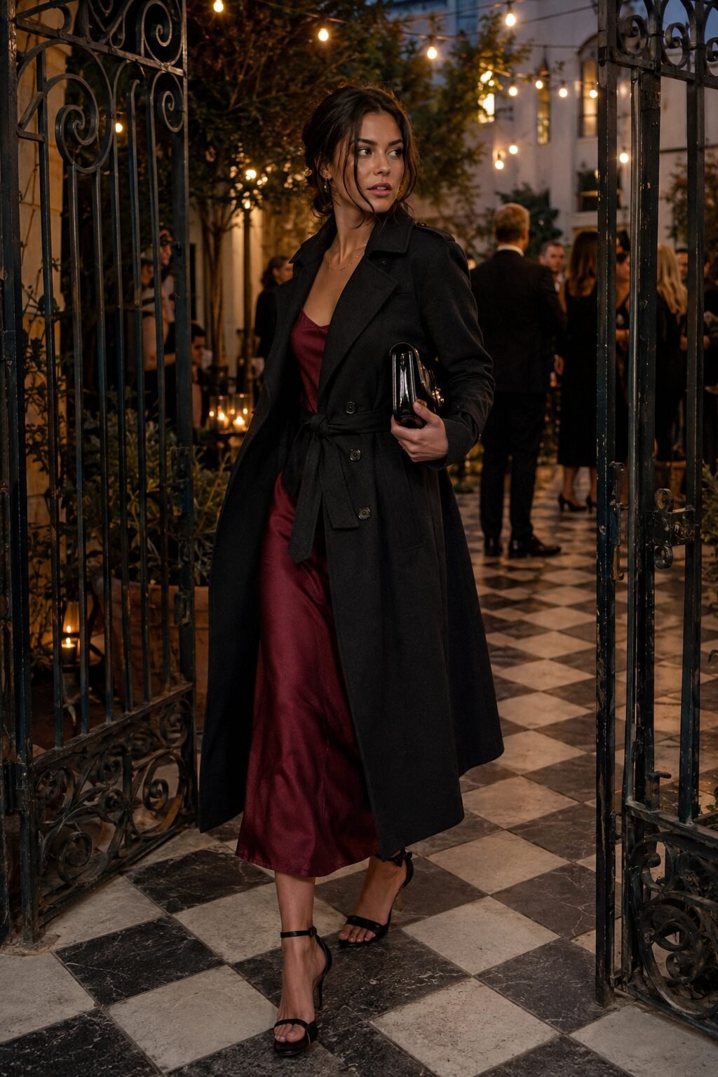 how to style a black trench coat with a slip dress: belted black trench over a jewel-tone bias-cut slip dress for a Halloween party