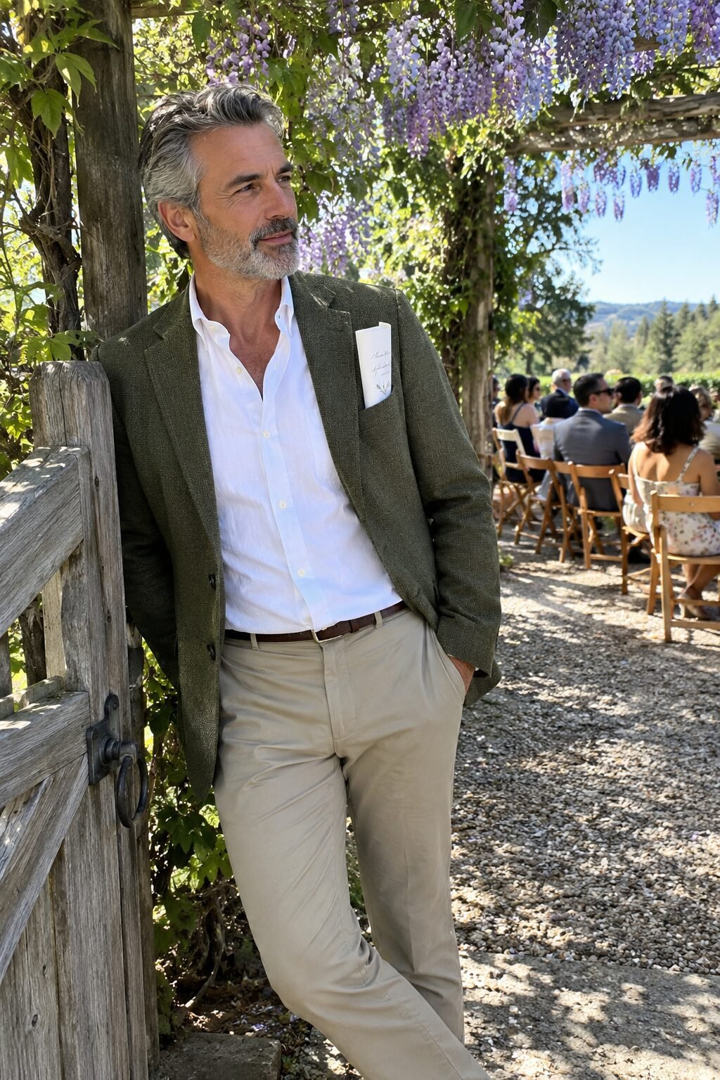 wedding guest attire for men over 50: olive knit sport coat with white dress shirt and khaki chinos for a casual daytime wedding