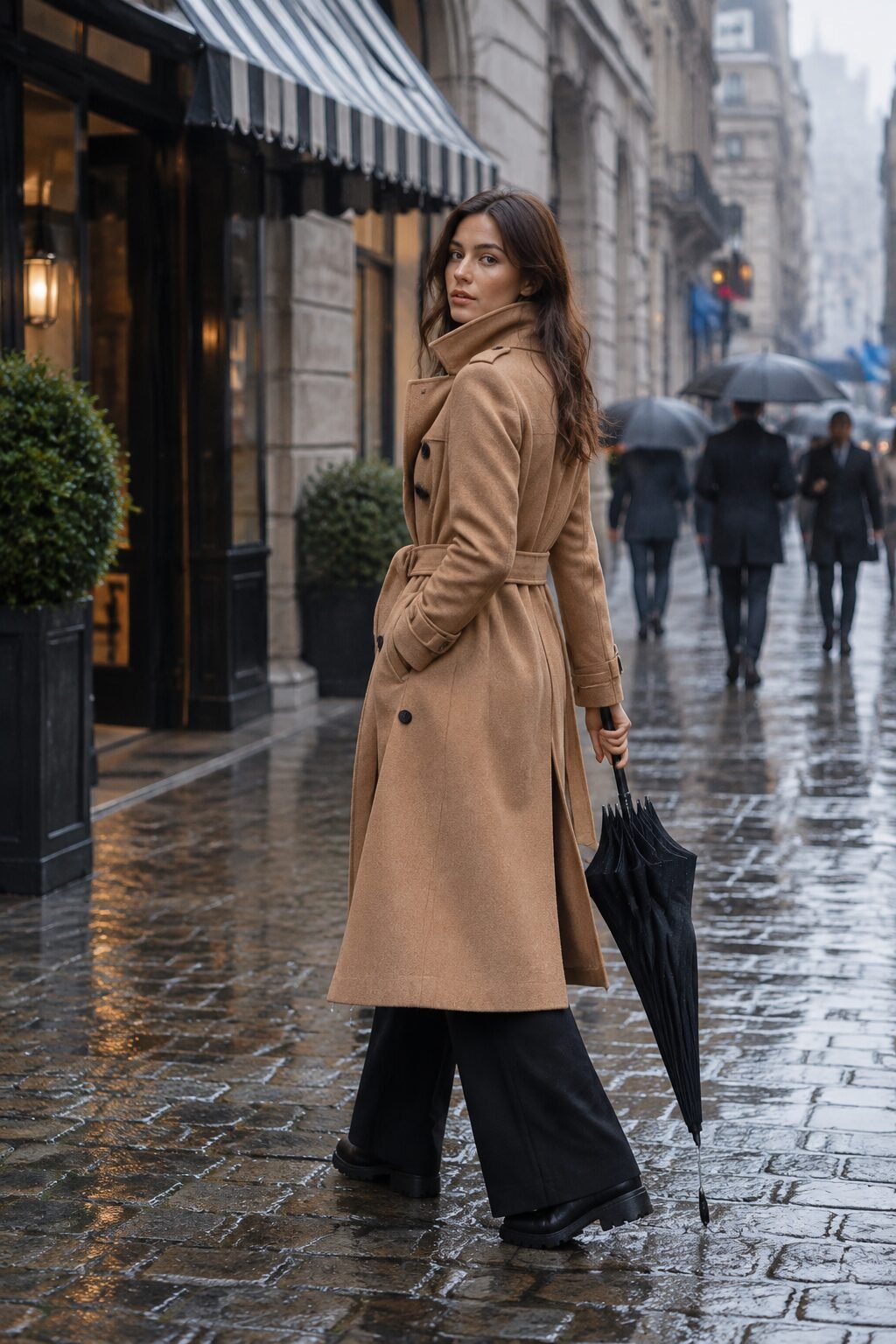 office-ready rainy day outfit: camel trench coat, black wide-leg trousers, and waterproof ankle boots