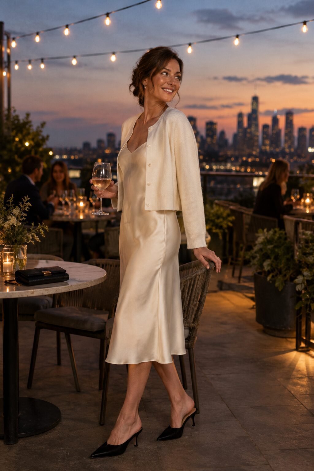 carolyn bessette style outfit: ivory silk slip dress layered under a cropped champagne cashmere cardigan