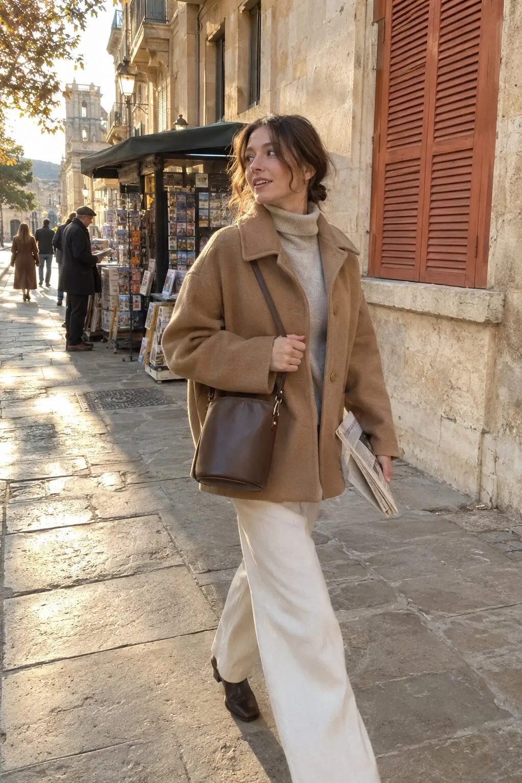 a woman in a head-to-toe camel monochrome outfit with a wool coat, cashmere sweater, and leather bag demonstrating tonal dressing