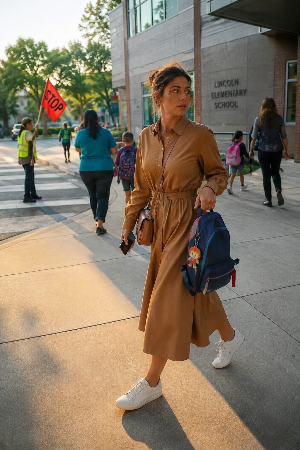 elegant outfits for running late: camel A-line shirt dress with white sneakers and a crossbody bag
