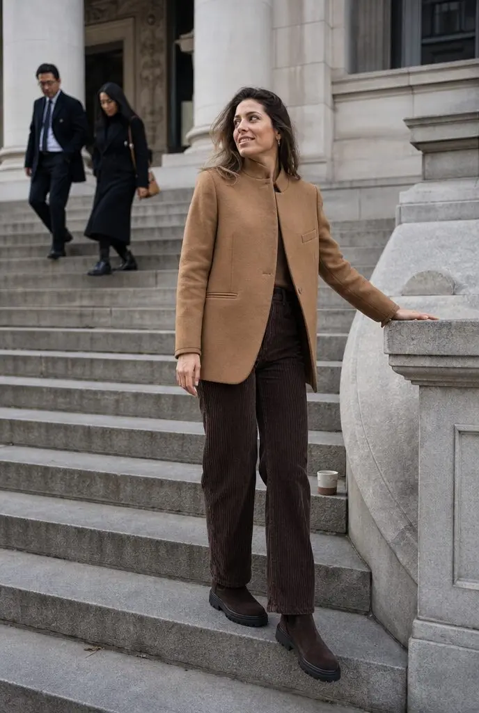 camel blazer, chocolate brown corduroy trousers, and suede ankle boots, a fall capsule wardrobe office outfit