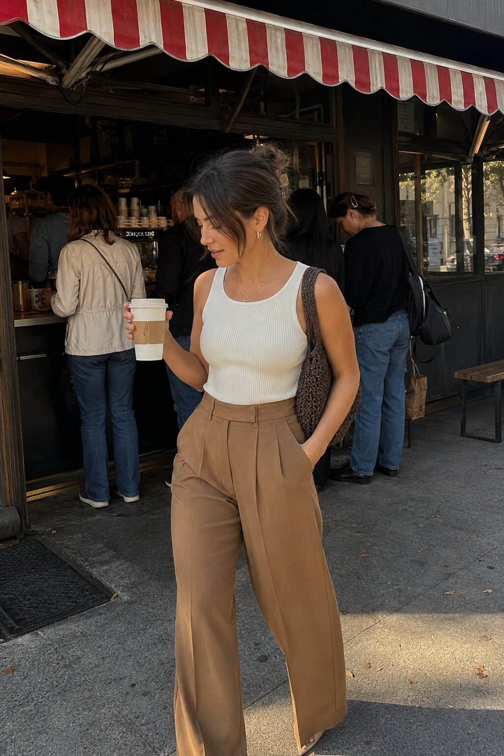no-effort elegant outfit: cream ribbed tank tucked into camel wide-leg trousers for a coffee run