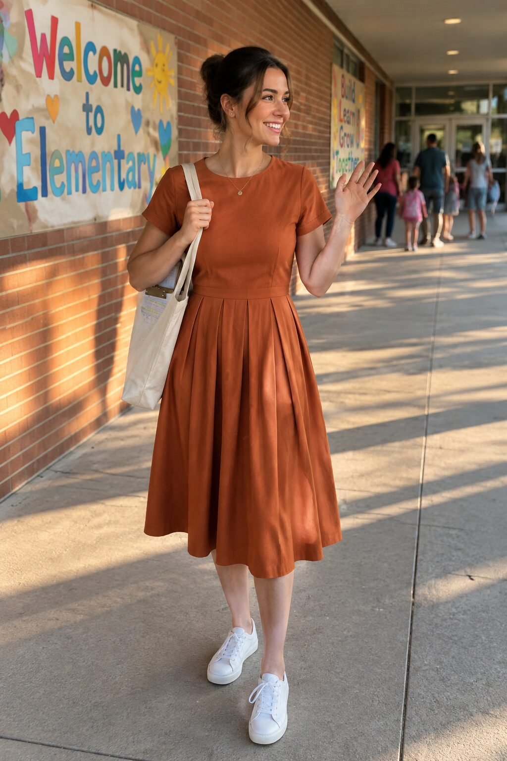 elementary school teacher outfit: burnt orange pleated midi dress with white leather sneakers for the first day of school