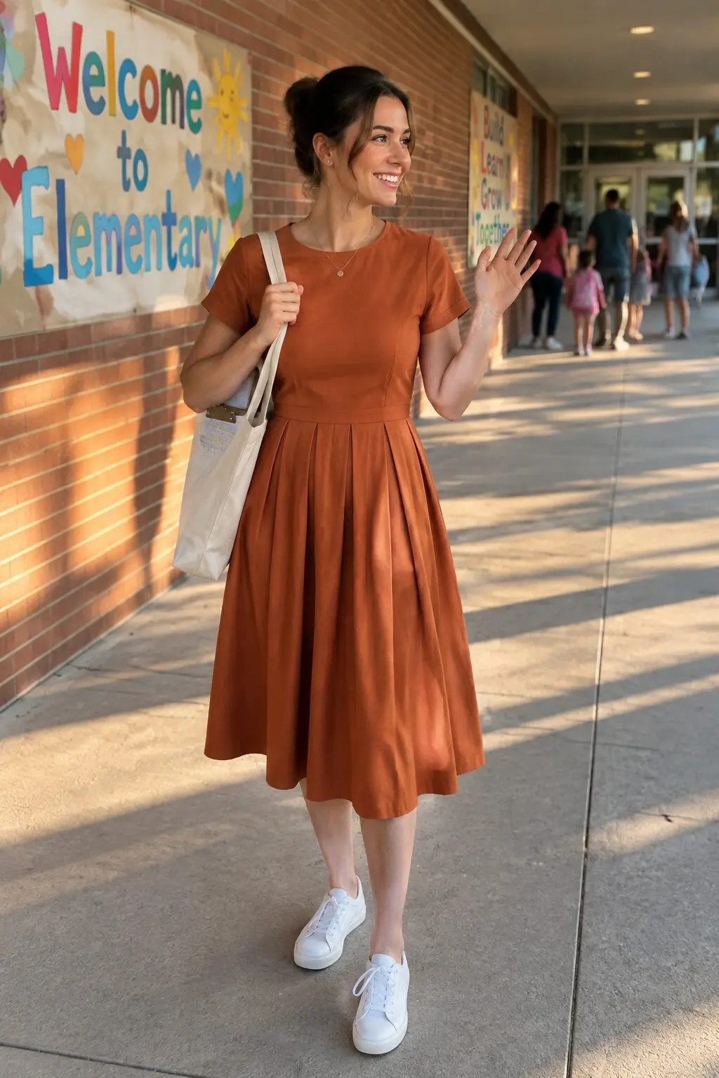 elementary school teacher outfit: burnt orange pleated midi dress with white leather sneakers for the first day of school