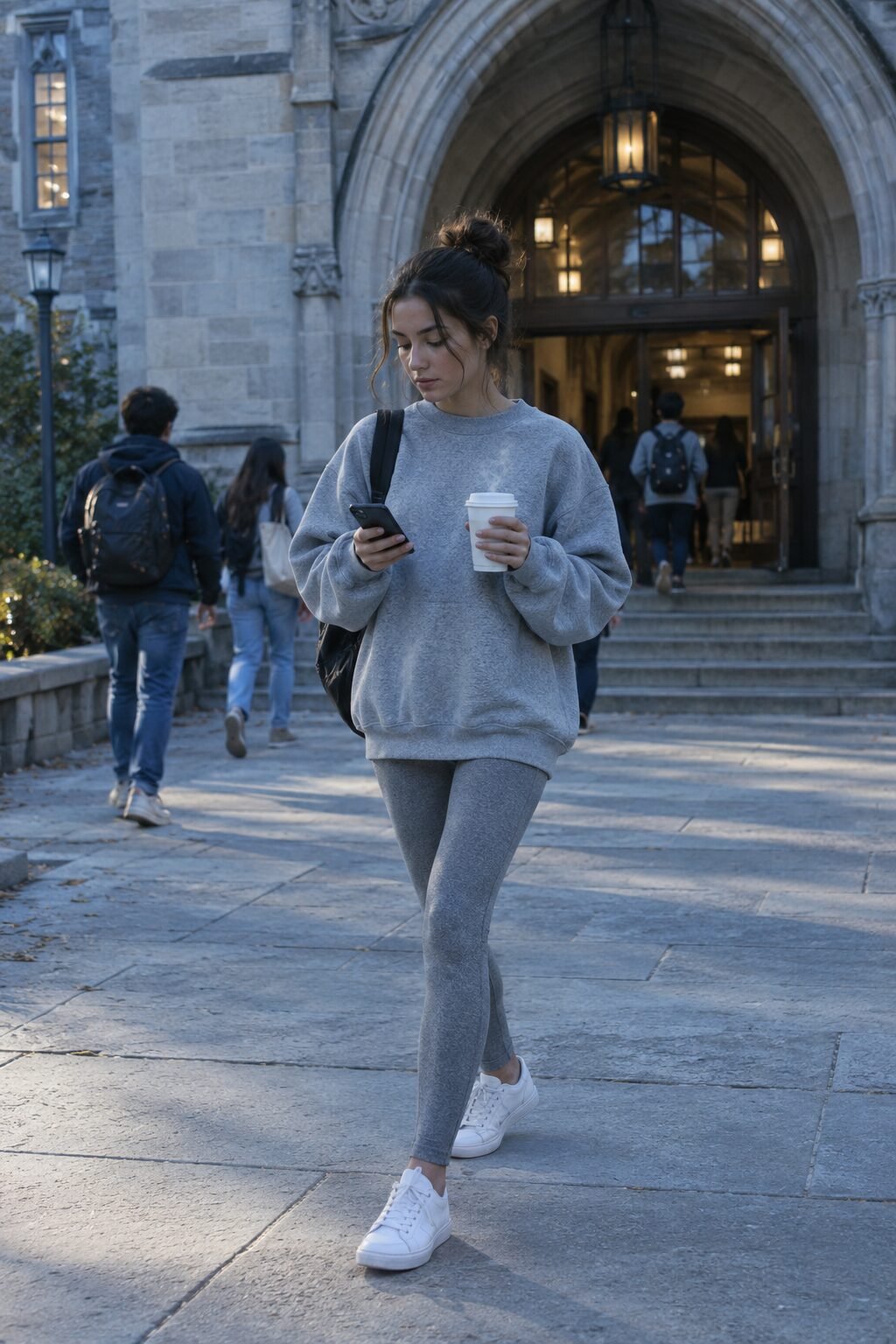 comfy college class outfit: heather grey oversized crewneck sweatshirt with cashmere-blend leggings and white leather sneakers