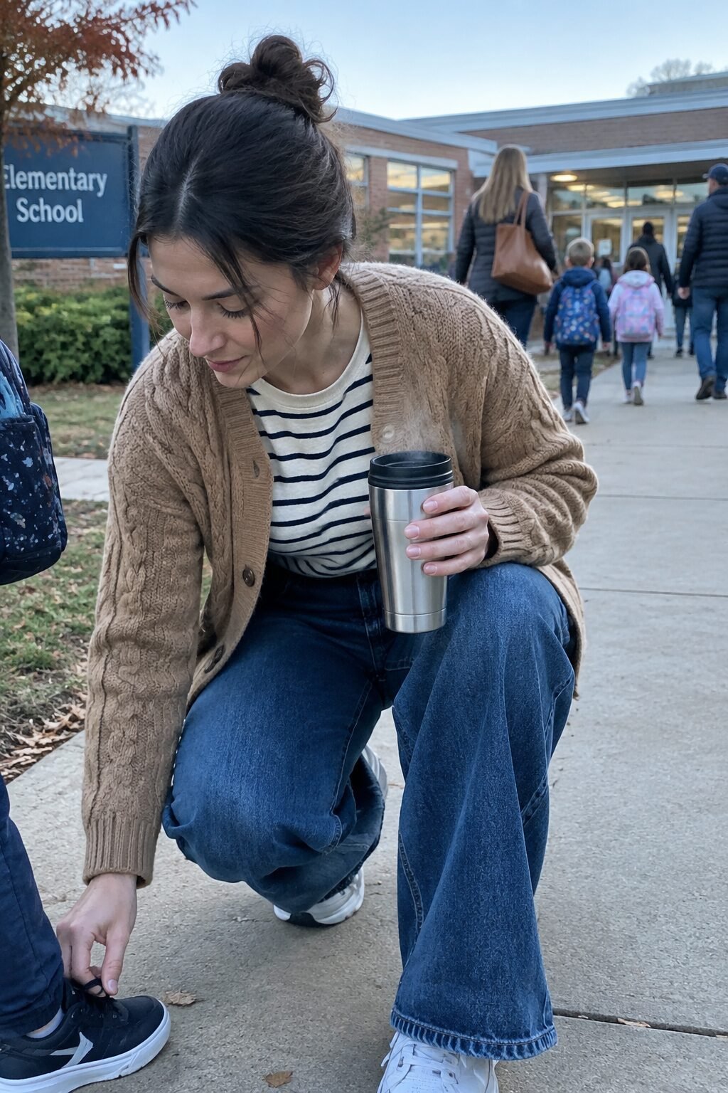 first day of school outfit for moms: wide-leg jeans, striped tee, and camel cardigan