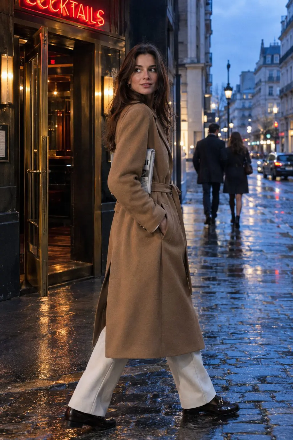 classy Halloween outfit idea: camel trench coat belted over ivory tailored trousers, 1930s noir detective style