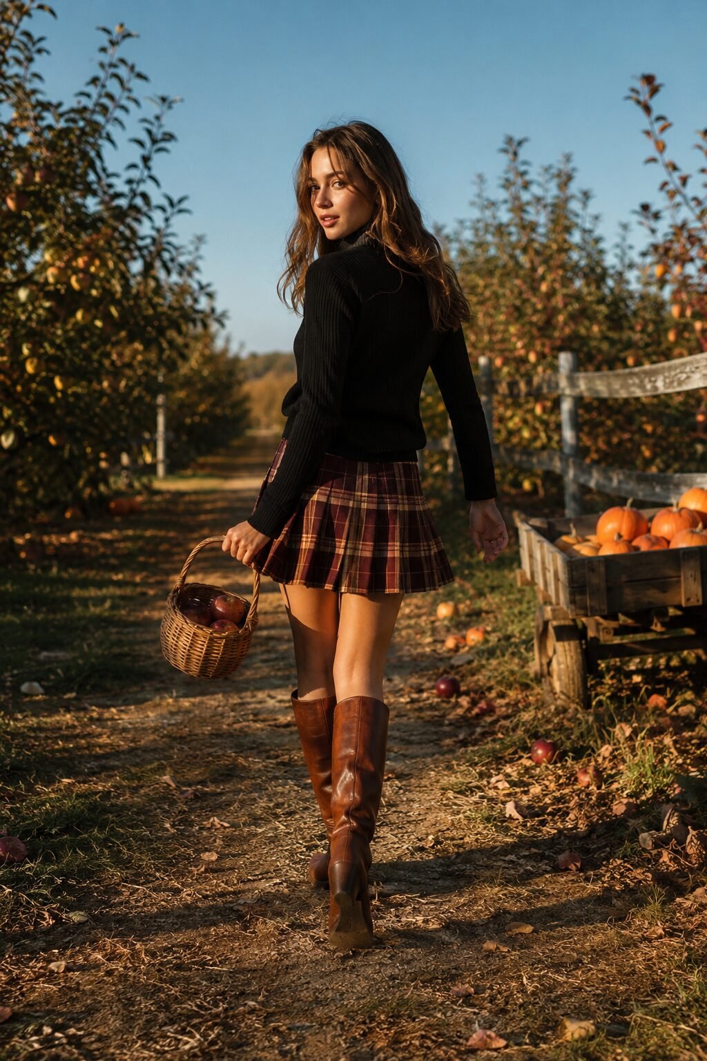 how to style a black turtleneck with a plaid mini skirt and knee-high boots for fall