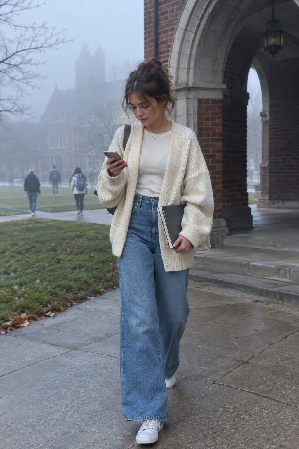 affordable fall college outfit: ivory oversized cardigan with wide-leg jeans for an early morning lecture